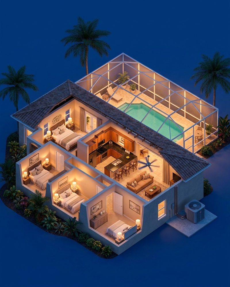 3D cutaway of an upscale single-story Florida home at dusk, showing lit bedrooms, the kitchen, a living room with a ceiling fan, a screened pool and the air conditioning unit outside