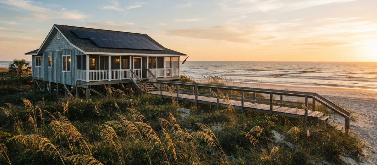 Jacksonville Beach coastal cottage on a dune with a boardwalk to the beach and rooftop solar panels at sunrise