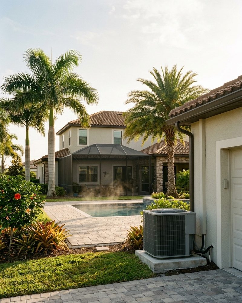 An upscale Florida home with a screened pool on a hot, hazy afternoon, warm air rising over the pool deck and the air conditioner running beside the garage