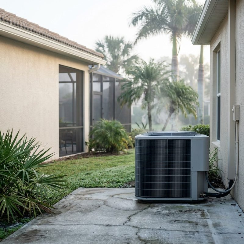 A heat pump outdoor unit on a concrete pad beside a Florida home on a misty winter morning, with palms and a screened lanai behind it