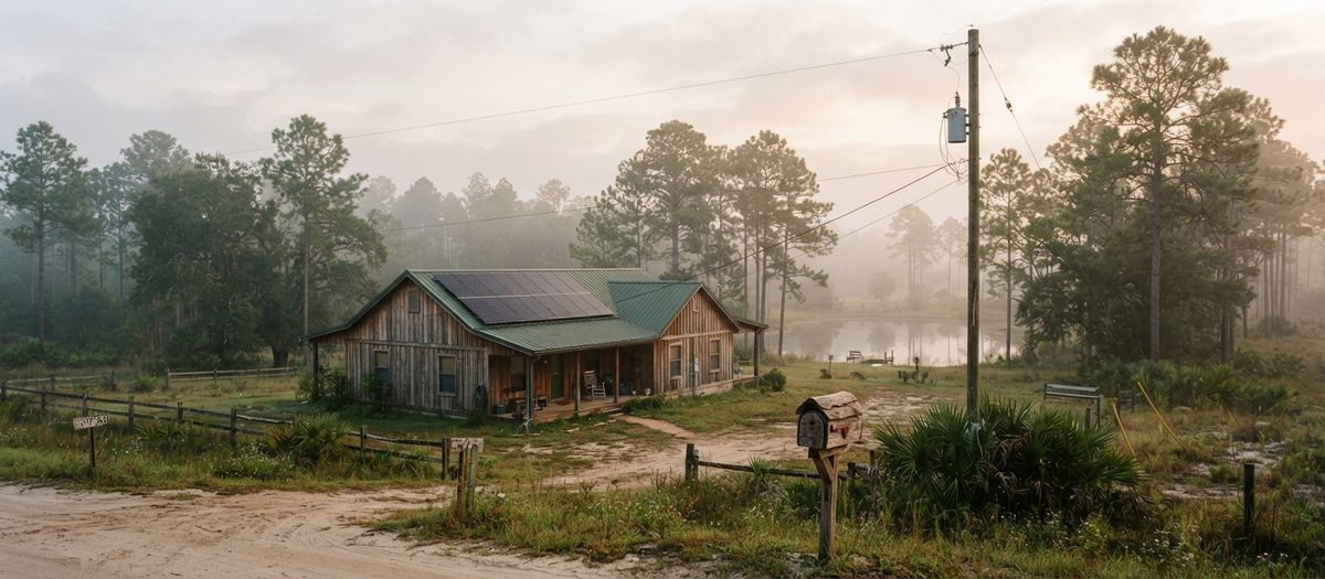 Rural North Florida home with rooftop solar panels among pines, a pond and a power pole at dawn
