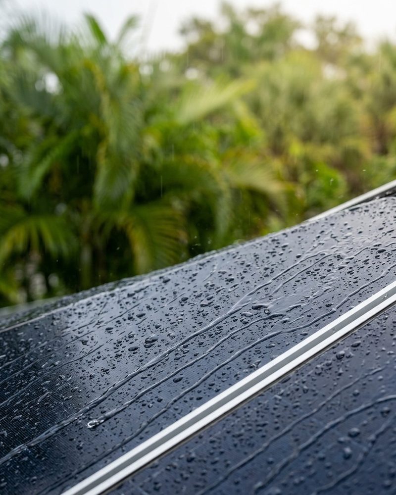 Close-up of raindrops beading and running down the dark glass of a rooftop solar panel on a Florida home during a summer shower, with palm fronds blurred in the background