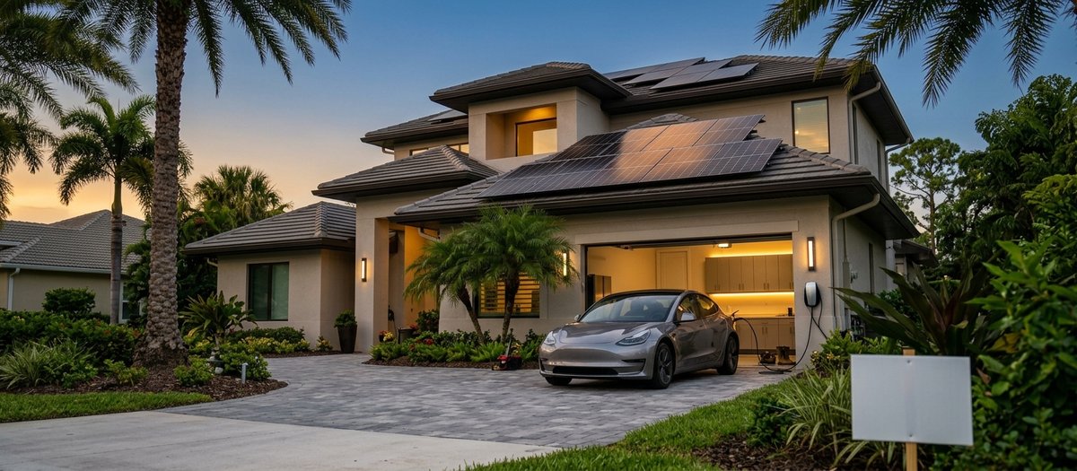 An electric vehicle charging in the driveway of a Florida home with rooftop solar panels, at dusk