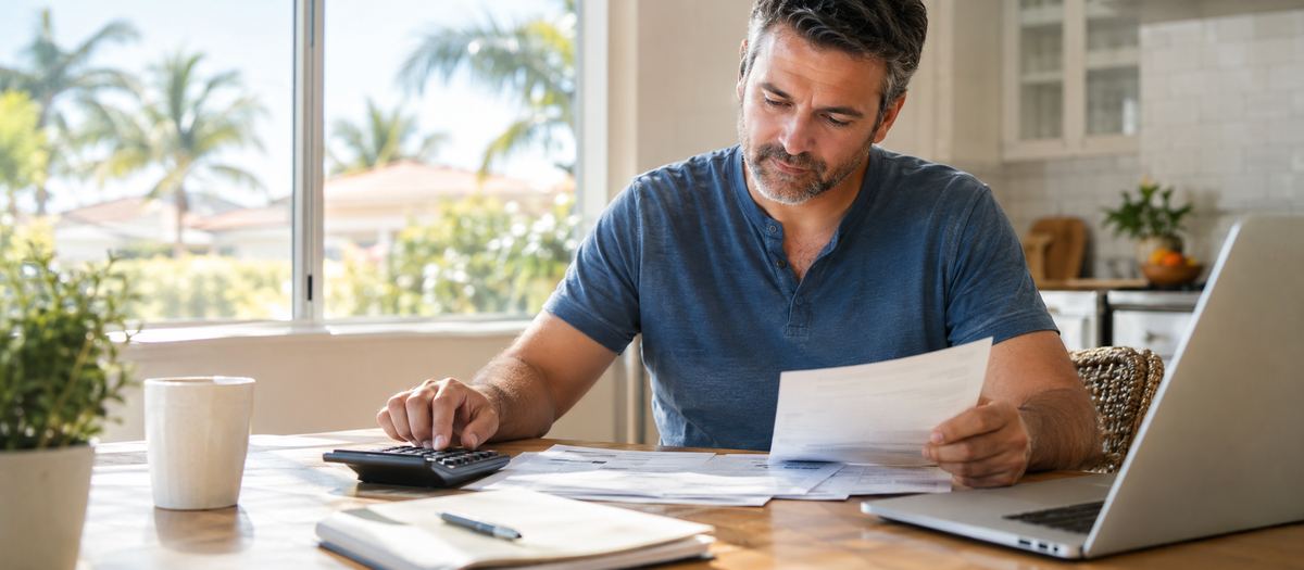 Florida homeowner reviewing solar financing paperwork at a kitchen table