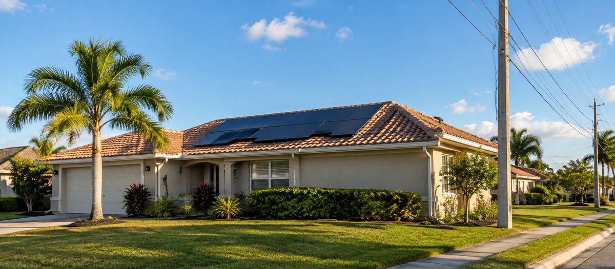 Florida home with rooftop solar panels on a suburban street with power lines