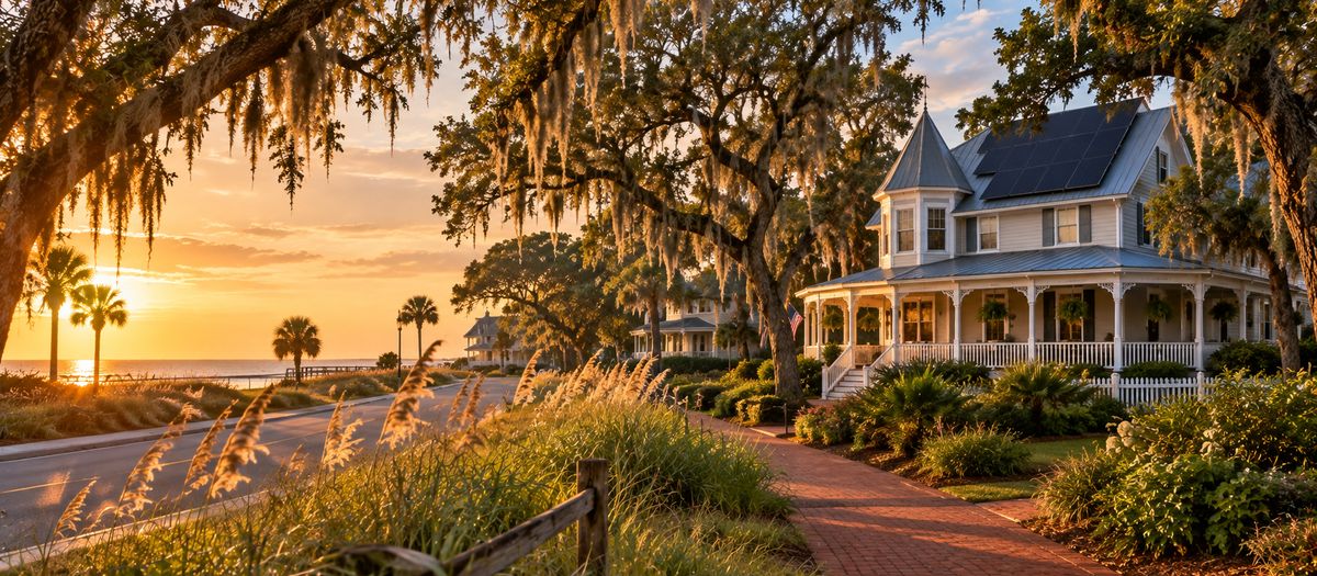 Northeast Florida island neighborhood at golden hour with a Victorian-style home with rooftop solar panels and live oaks with Spanish moss