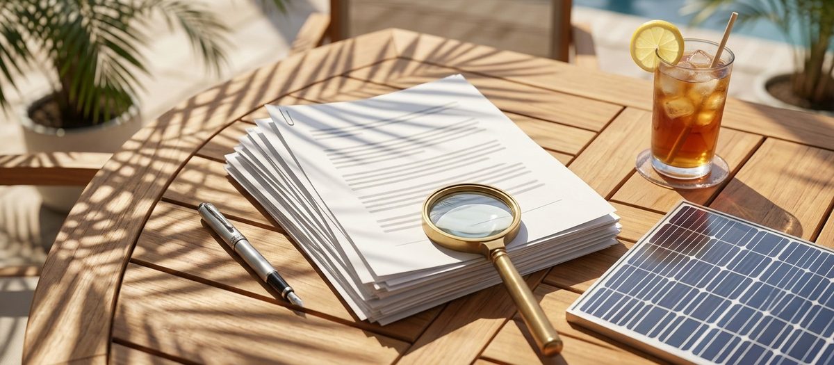 Flat-lay photo of a patio table with a thick contract, a pen and a magnifying glass beside a small model solar panel, with palm-frond shadows falling across the table
