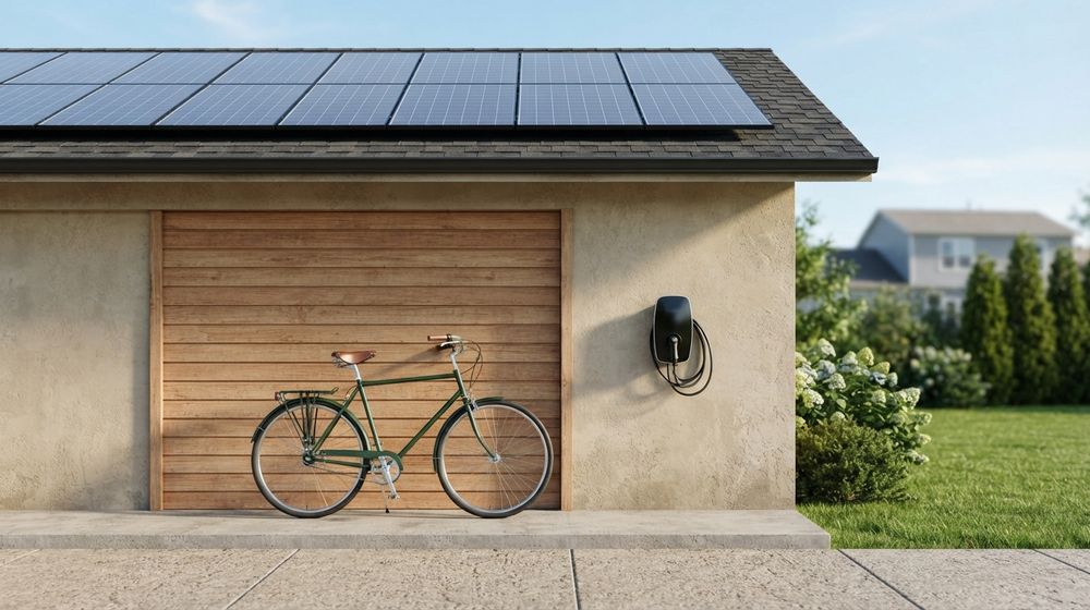 A bicycle leaning against a garage wall beside an electric-car charger, with rooftop solar panels above