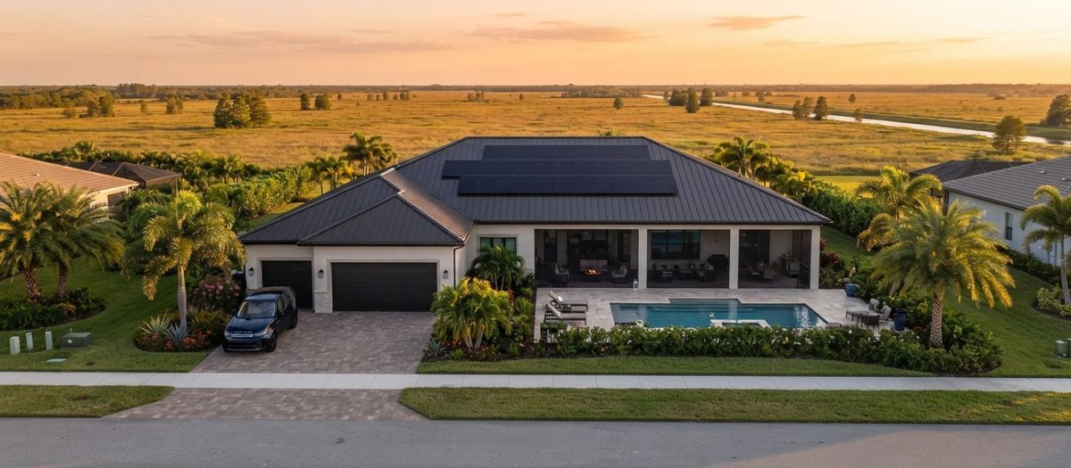 Upscale Lake Okeechobee-area home near Moore Haven at golden hour with rooftop solar panels, a pool, palm trees and open ranch land
