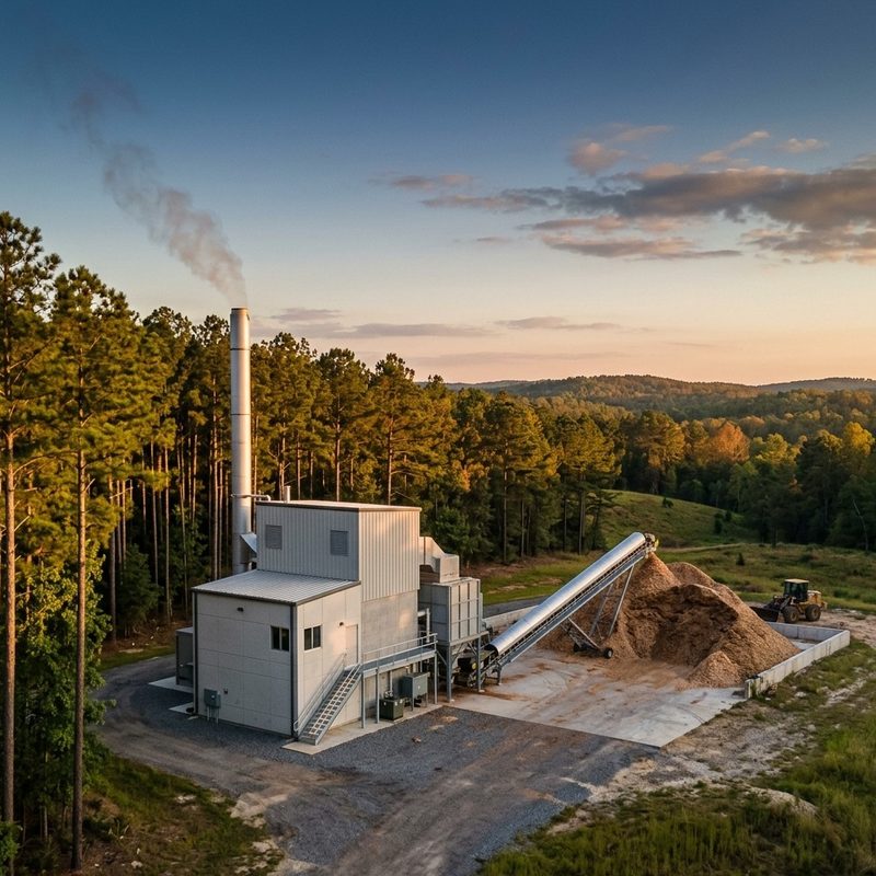 A wood-fired biomass power plant beside a pine forest at sunset, with a tall stack, a covered conveyor and a large mound of wood chips