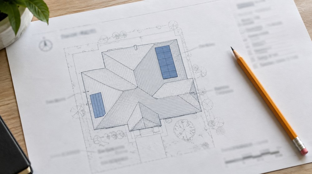 Overhead view of a house site plan showing roof placement options for a solar installation