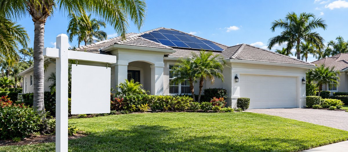 Florida home with rooftop solar panels and a blank for-sale sign in the front yard