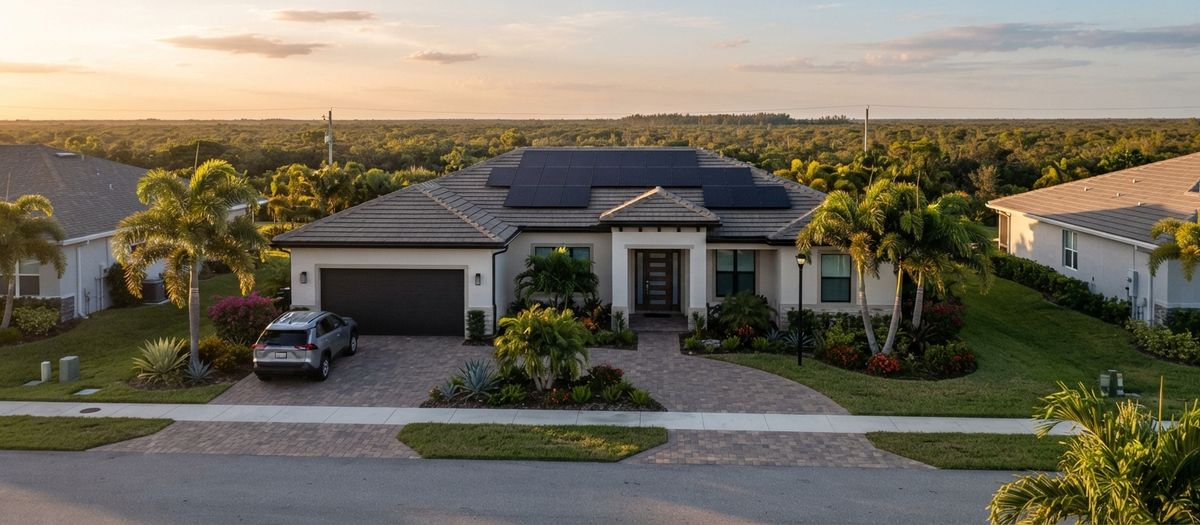 Modern South Florida home in Homestead at golden hour with rooftop solar panels, palm trees and a paved driveway