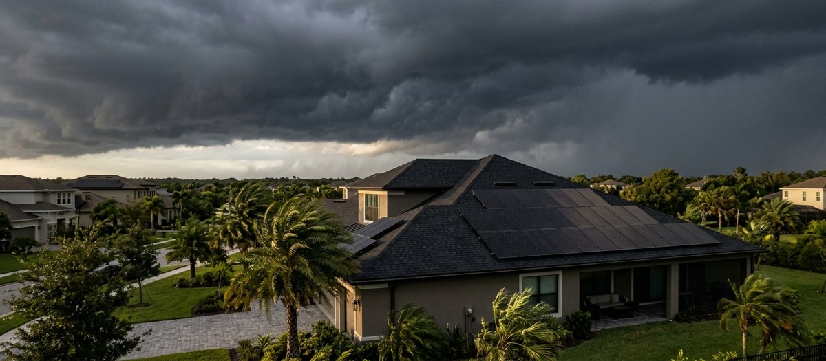 Florida home with rooftop solar panels as dark hurricane storm clouds roll in and palm trees bend in the wind