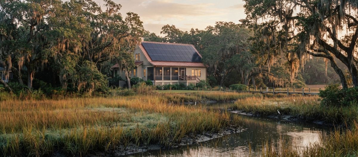 Northeast Florida home with rooftop solar panels among live oaks and salt marsh