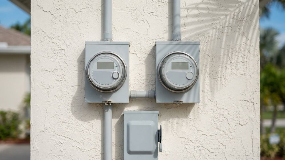 Two electric meters side by side on a Florida stucco wall