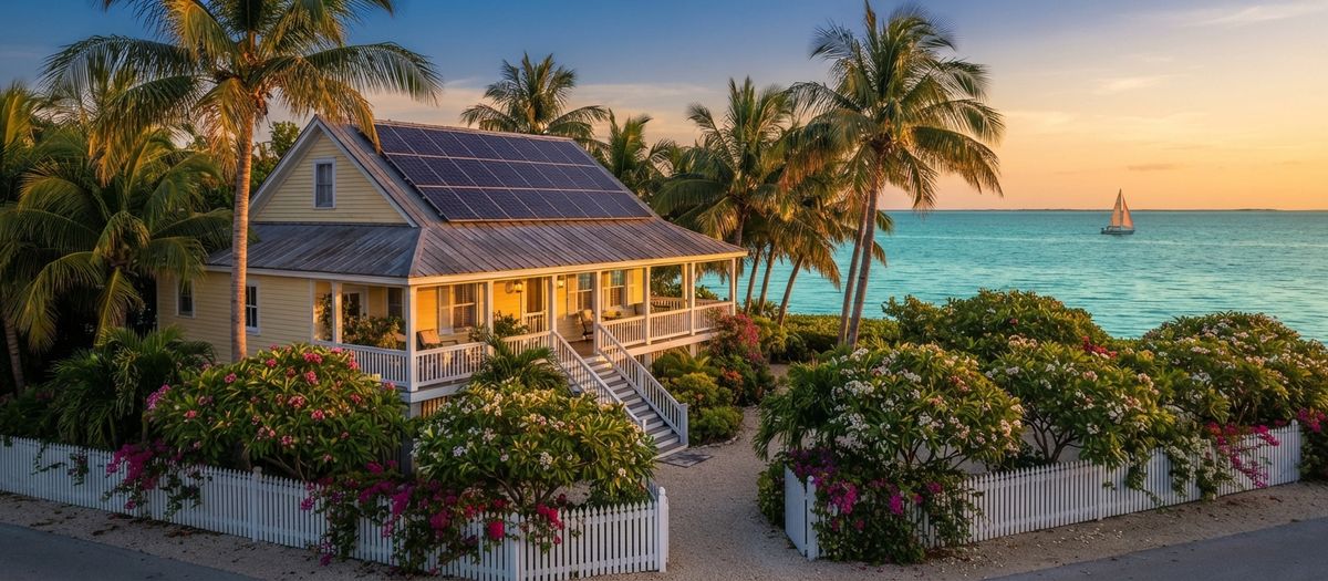 Key West-style house with a metal roof and rooftop solar panels, palms and flowering shrubs, with turquoise water and a sailboat at sunset