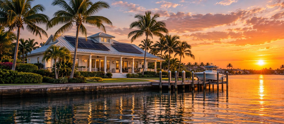 Palm Beach County Intracoastal waterfront home at sunset with rooftop solar panels, palm trees and a private dock