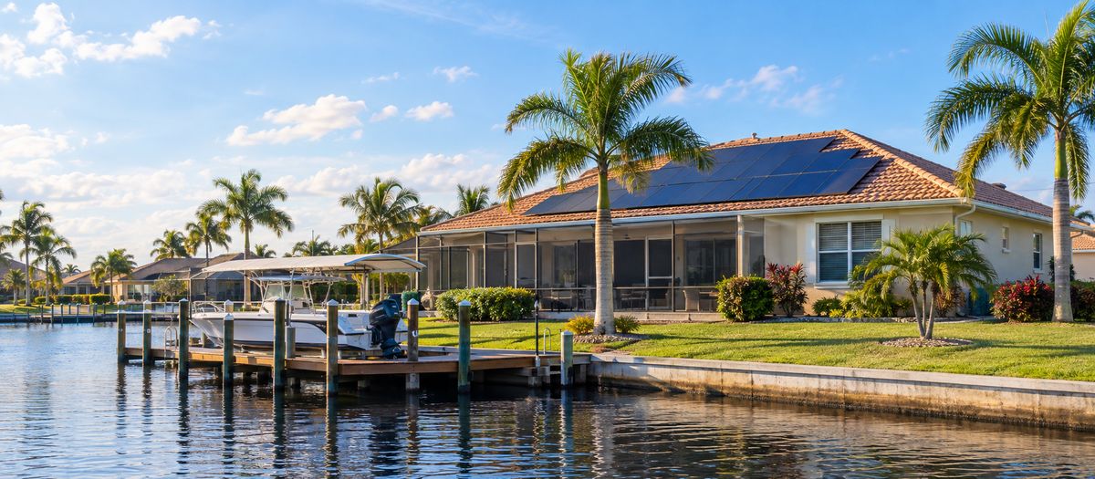 Southwest Florida canal-front home with rooftop solar panels