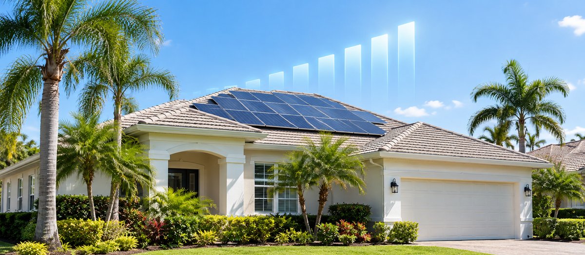 Florida home with rooftop solar panels and faint glowing bars rising in steps above the roof, suggesting a payment that climbs each year