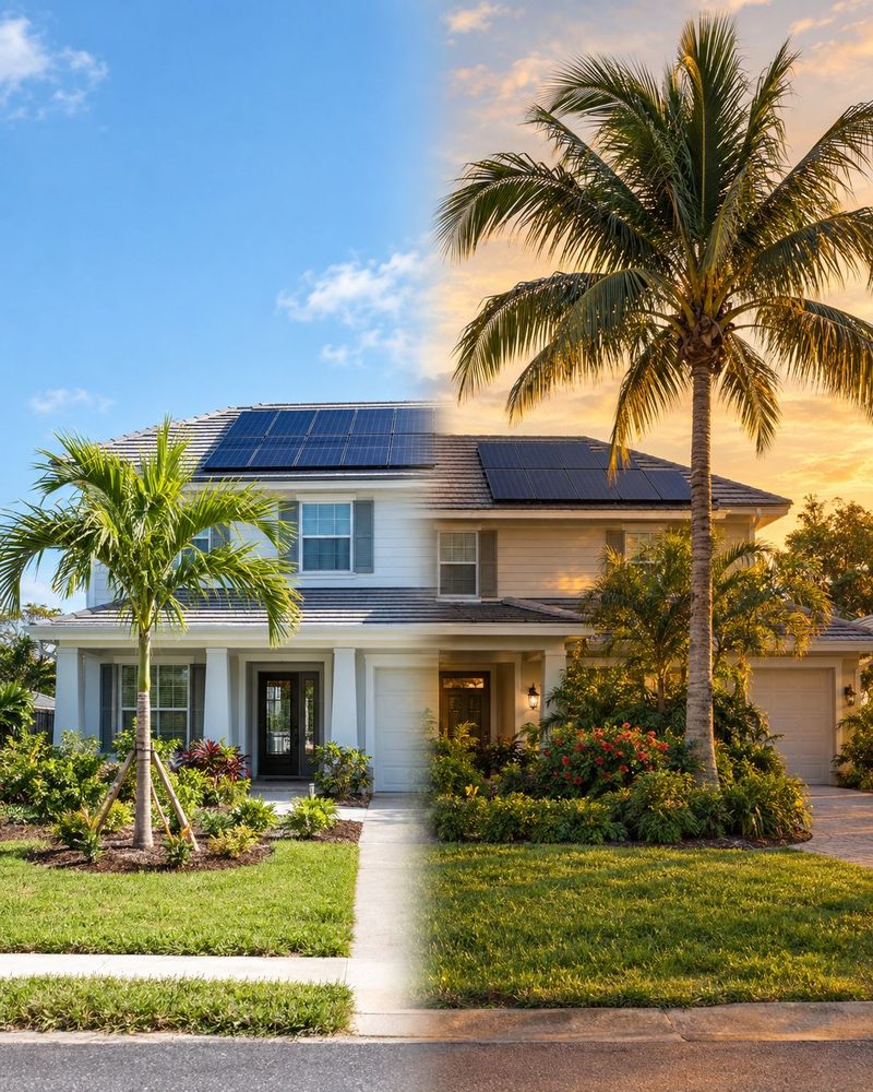 An upscale Florida home with rooftop solar shown twice side by side, new with a young staked palm and decades later with the palm grown tall, the panels still intact