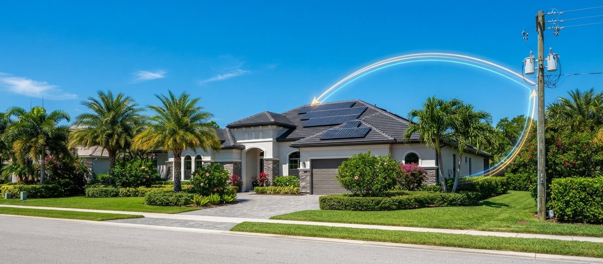 Florida home with rooftop solar panels and a glowing line arcing to a utility pole, representing two-way net metering