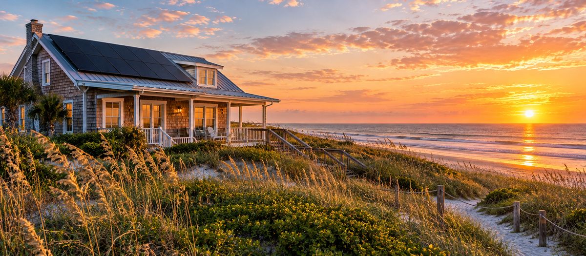 New Smyrna Beach dune-front cottage at sunrise with rooftop solar panels, sea oats and the Atlantic Ocean