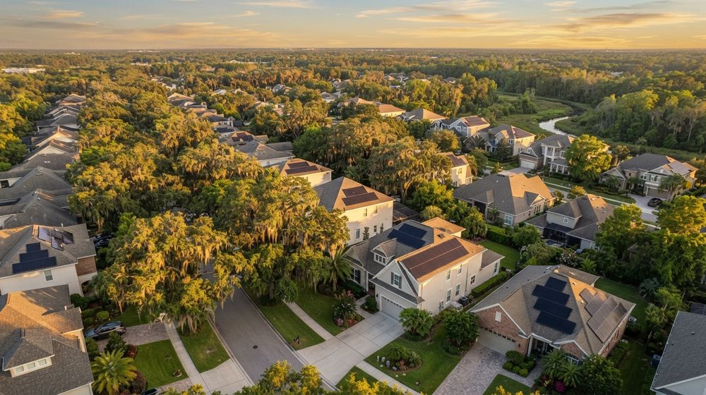 Aerial view of a North Florida neighborhood with oak-lined streets, Spanish moss and rooftop solar panels