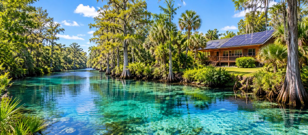 Crystal-clear Florida spring run with cypress trees and a cabin-style home with rooftop solar panels on the bank