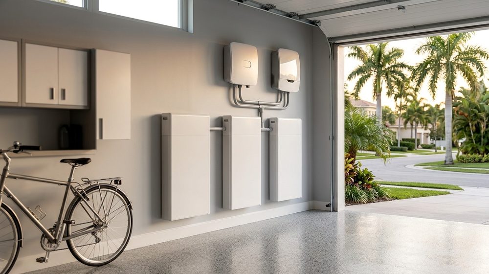 A tidy upscale Florida garage with three wall-mounted home battery cabinets and two inverters, a bicycle, and the open door looking out on a palm-lined street at golden hour