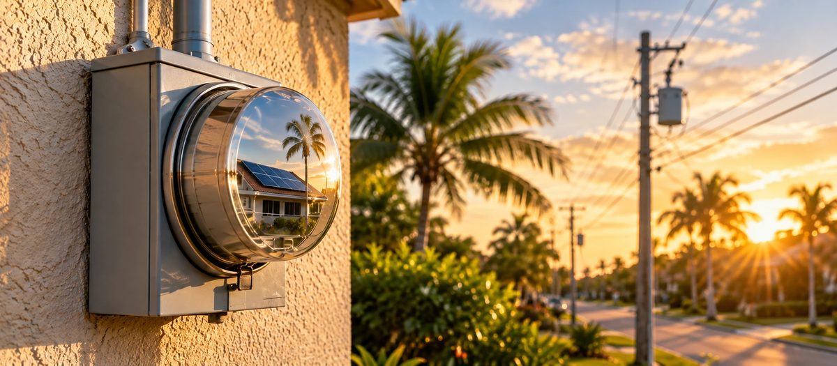 Electric meter on a stucco Florida house at golden hour, its glass dome reflecting a home with rooftop solar panels, with palm trees and power lines along the street behind it