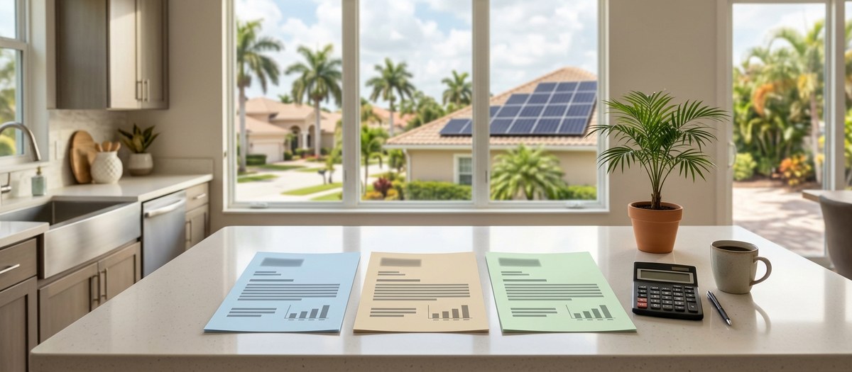 Three solar proposals laid out on a Florida kitchen counter next to a calculator, with a home's solar panels visible through the window
