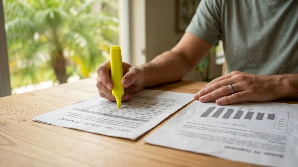 Comparing two solar proposals side by side, highlighting a line on one page