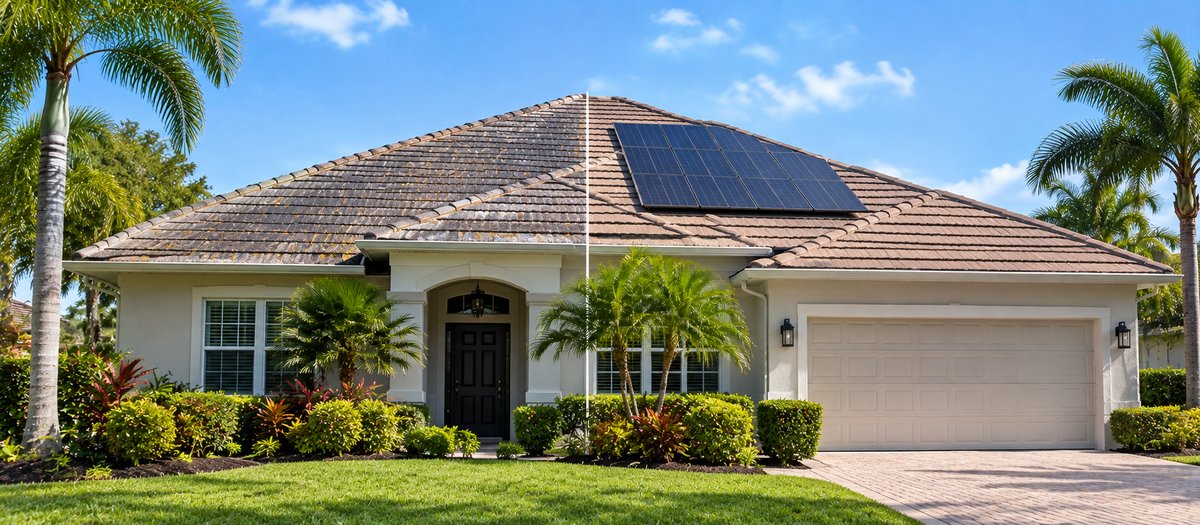 Florida home roof split between an old, worn tile section and a new tile section with solar panels installed