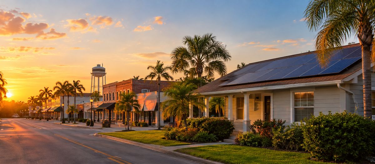 Small Florida town main street at sunset with brick storefronts, palm trees, a water tower and a home with rooftop solar panels