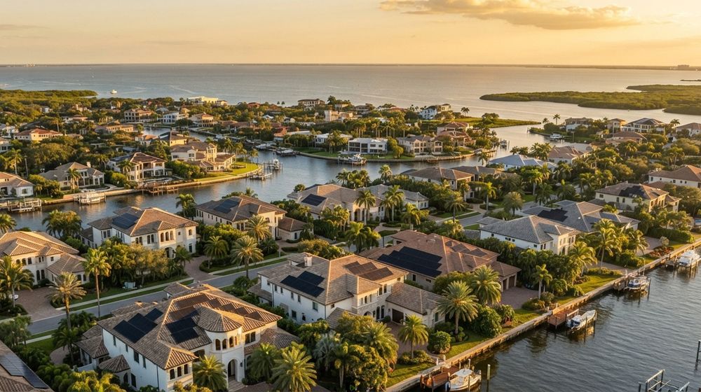 Aerial view of a South Florida coastal neighborhood with canals and rooftop solar panels on several homes
