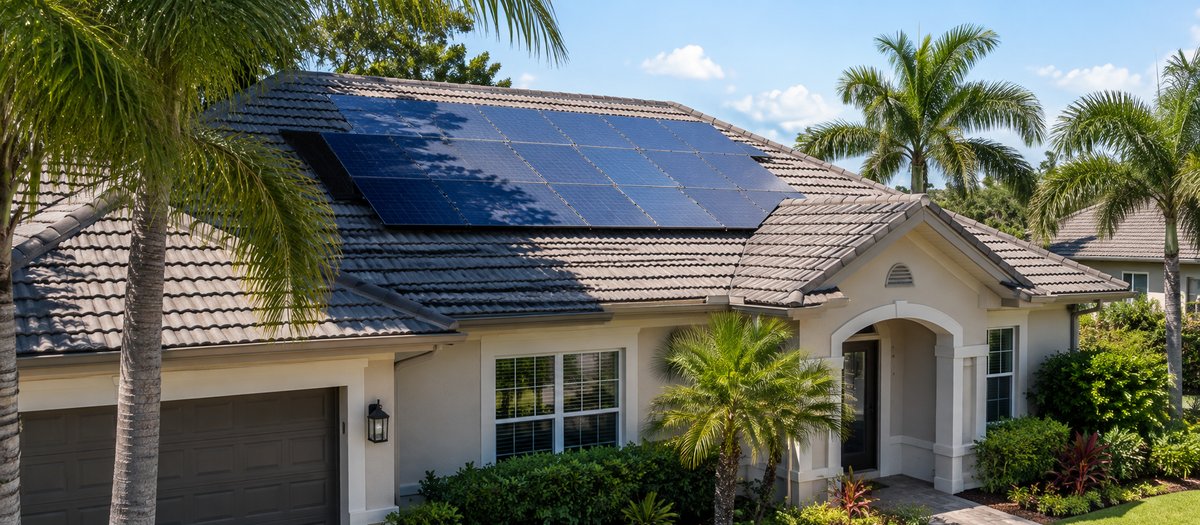 Florida home with rooftop solar panels partly covered by a tree's shadow