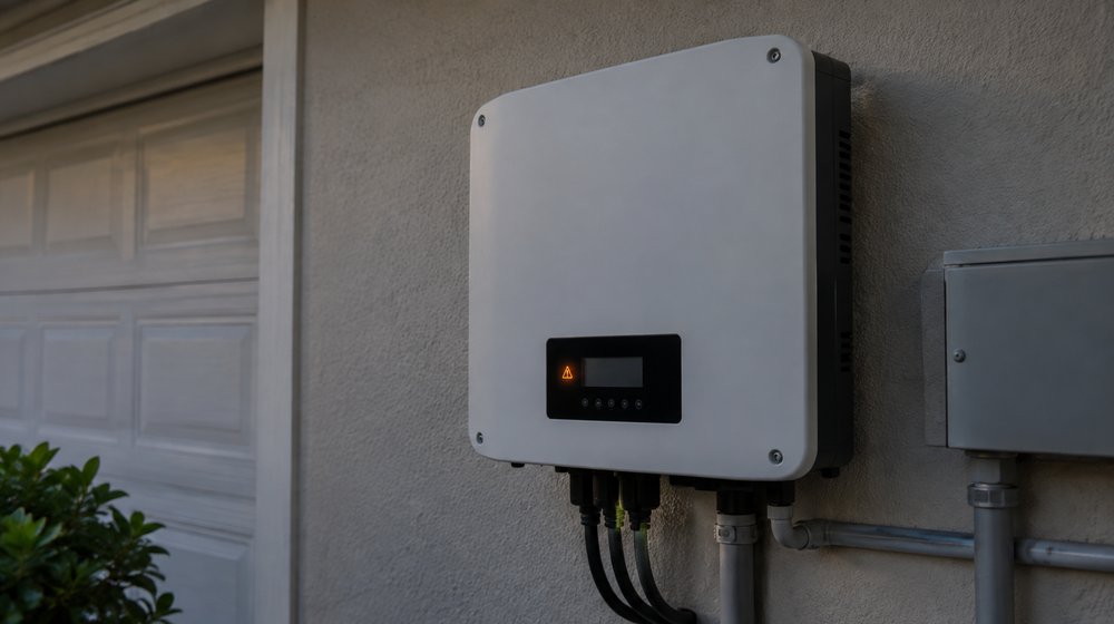 Solar inverter mounted on an exterior wall showing an amber warning indicator