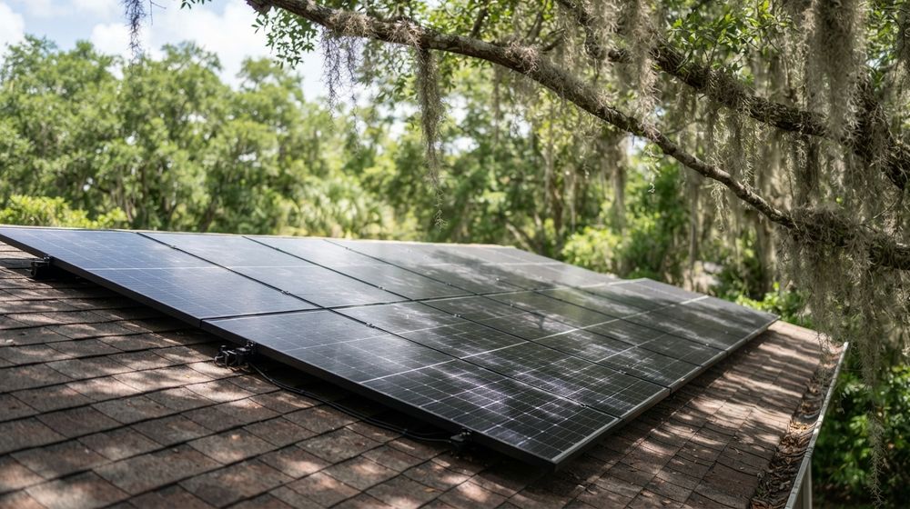 Solar panels on a roof with dappled shade from live oak branches