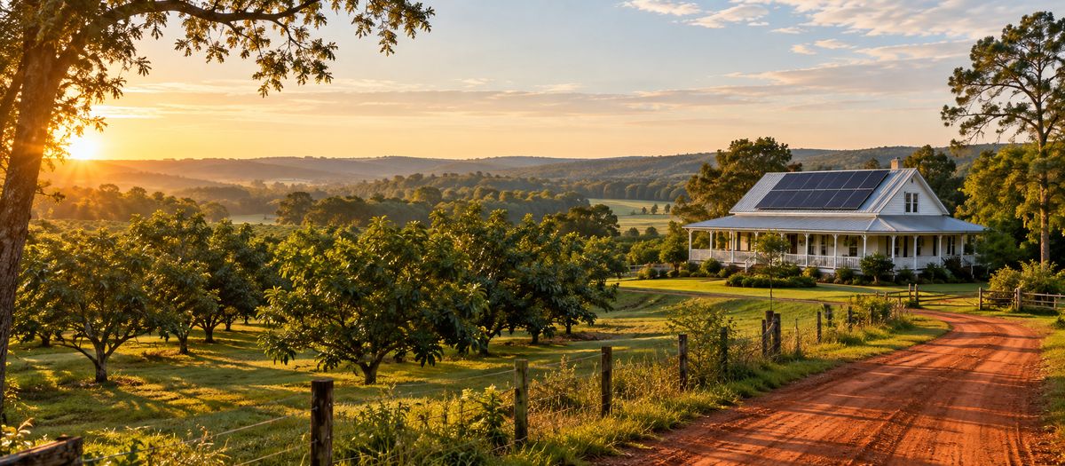 Rolling North Florida hills at sunrise with a pecan orchard, a red clay road and a white farmhouse with rooftop solar panels