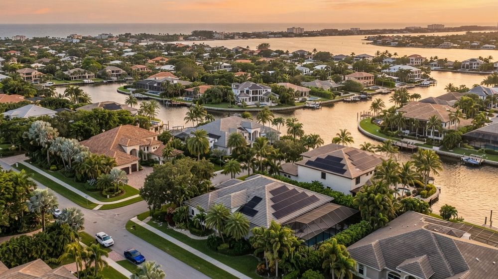 Aerial view of a Tampa Bay waterfront neighborhood with rooftop solar panels and the bay in the background
