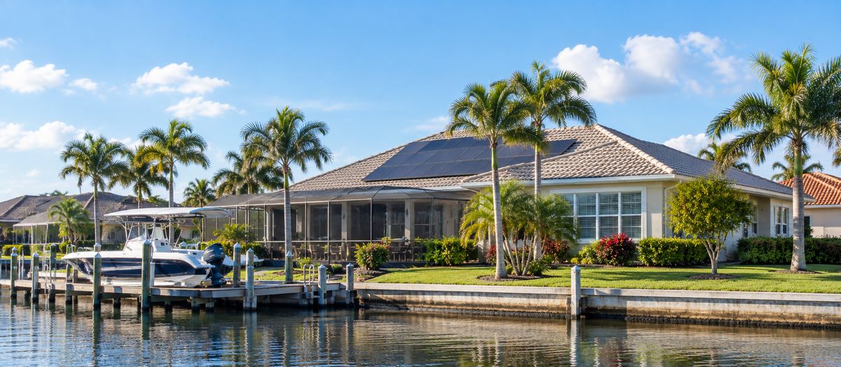 Tampa Bay area home with rooftop solar panels and palm trees