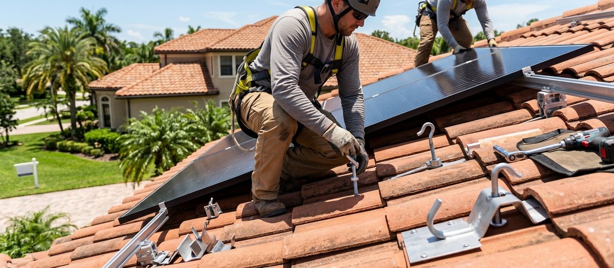 An installer mounting solar panels on a Florida barrel tile roof, with tile-specific mounting hooks and hardware visible