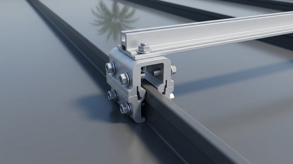 Close-up of a solar mounting clamp gripping a standing seam metal roof, with a mounting rail attached and no roof penetrations