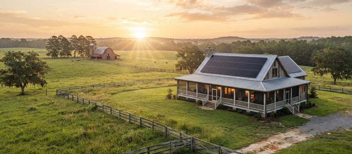 North Florida farmhouse near Graceville among rolling pastures at sunrise with rooftop solar panels and a red barn