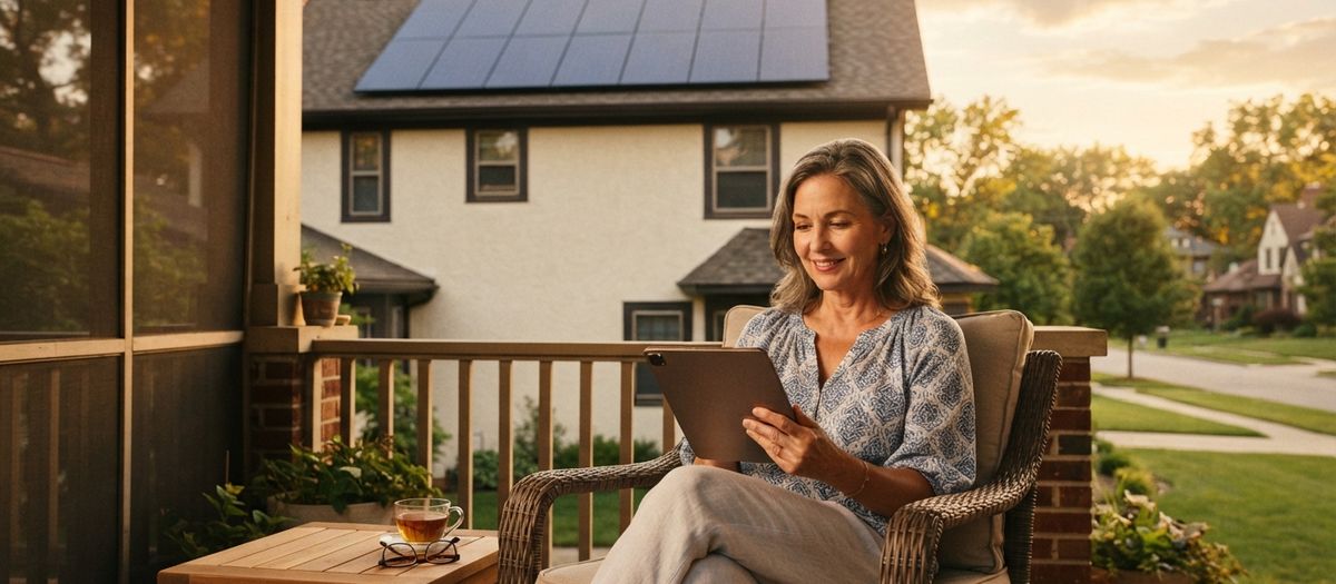 Homeowner on her porch at golden hour reviewing her electric bill on a tablet, with rooftop solar panels behind her